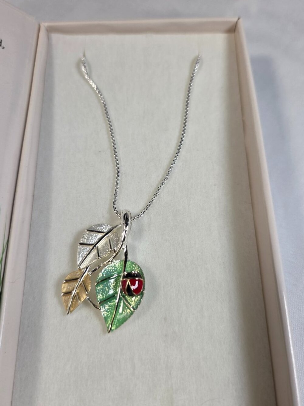 Carol Young Silver Ladybug Leaf Pendant Necklace Silver Gold Green Enamel